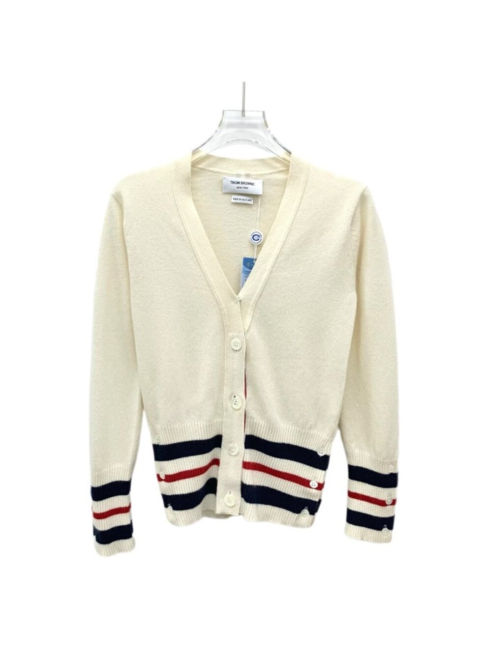 Thom Browne Beige Stripe Cotton V-Neck Cardigan